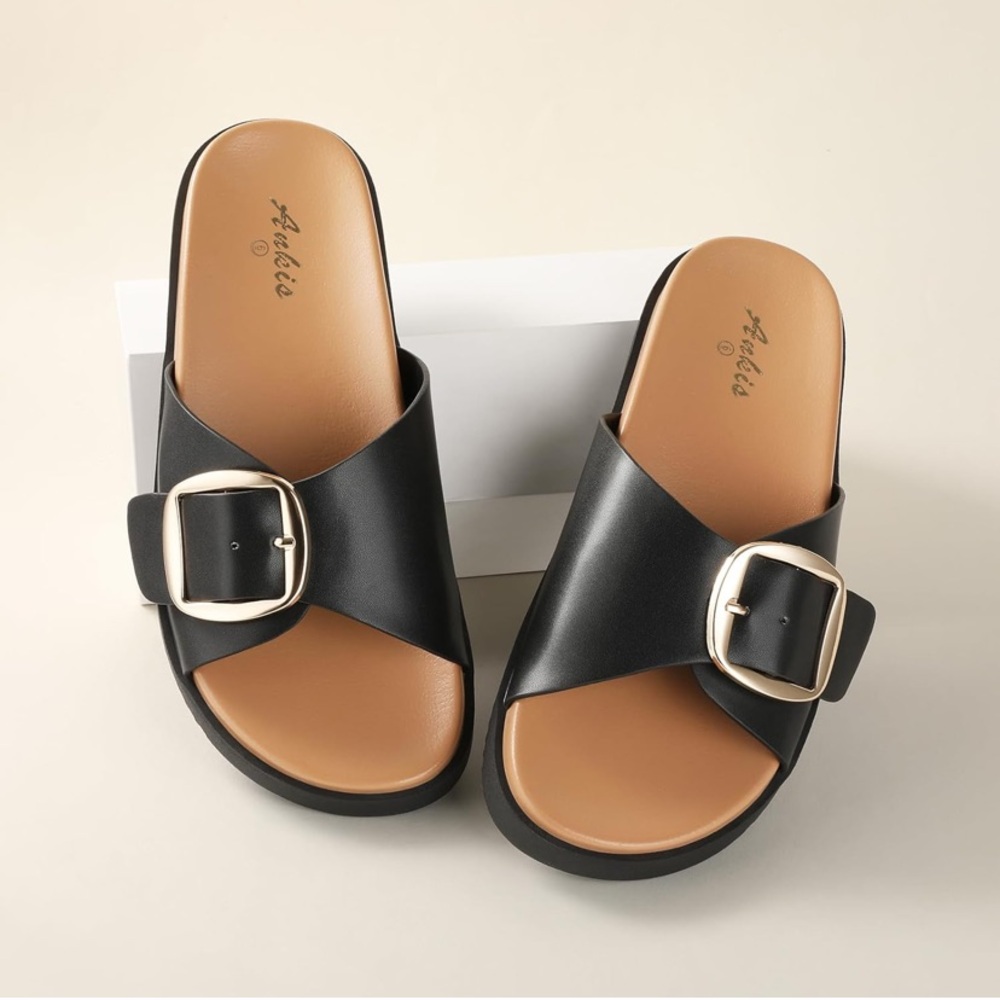 Black Slide Sandals with Gold Buckle